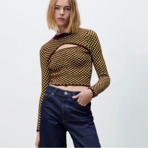 Zara Neon and Burgundy Checkered keyhole Sweater